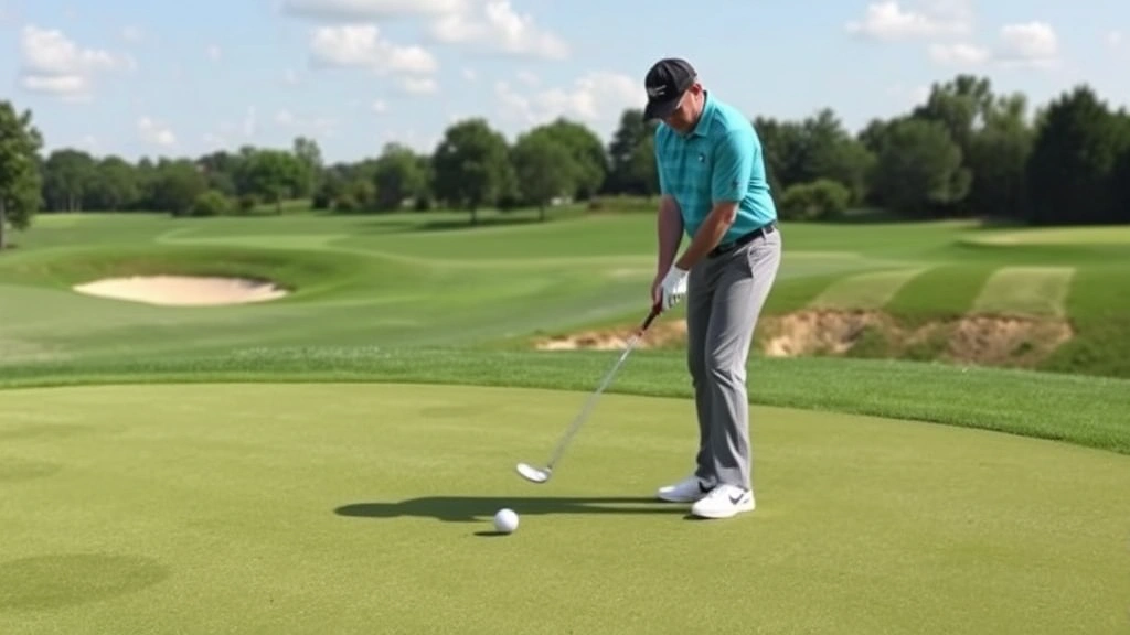 Golfer practicing short shots on practice green with multiple balls, focused posture and proper stance technique