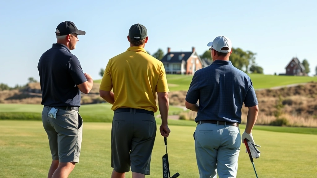 Golfers enjoying round together on fairway with course clubhouse visible in distance, social golf experience, outdoor leisure activity