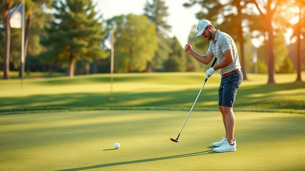 Golfer celebrating successful putt on pristine putting green, positive emotion and confidence after making shot