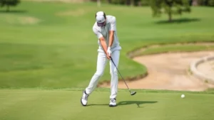 Golfer in proper stance position on fairway with neutral posture, arms positioned naturally, demonstrating correct setup fundamentals before swing execution