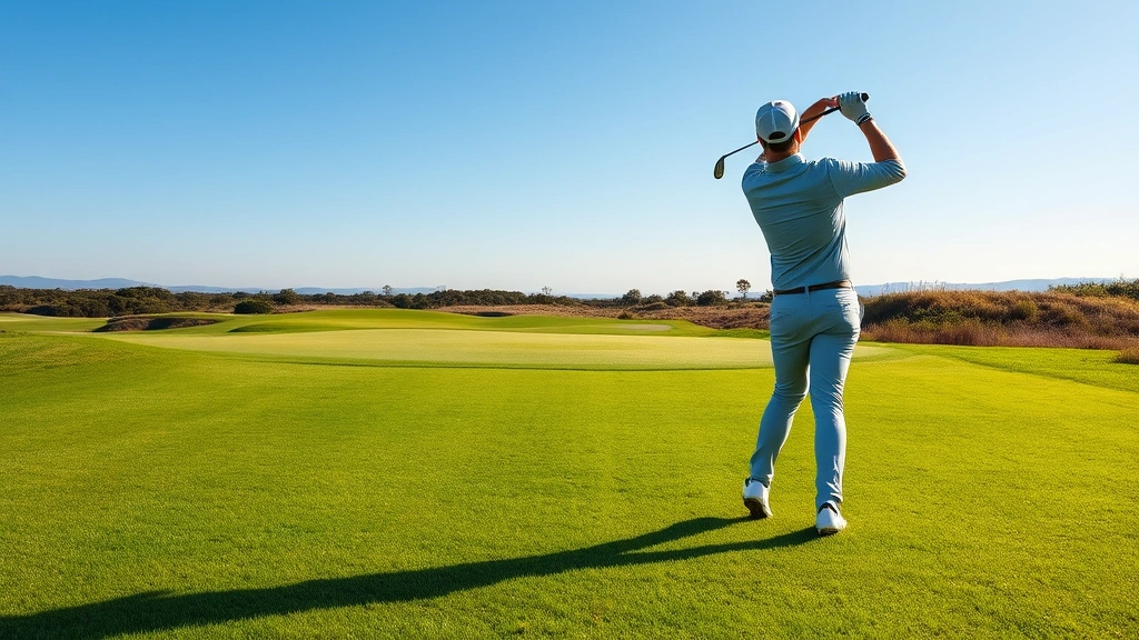 Professional golfer in mid-swing on lush fairway with well-maintained grass, clear blue sky, natural landscape in background, morning sunlight