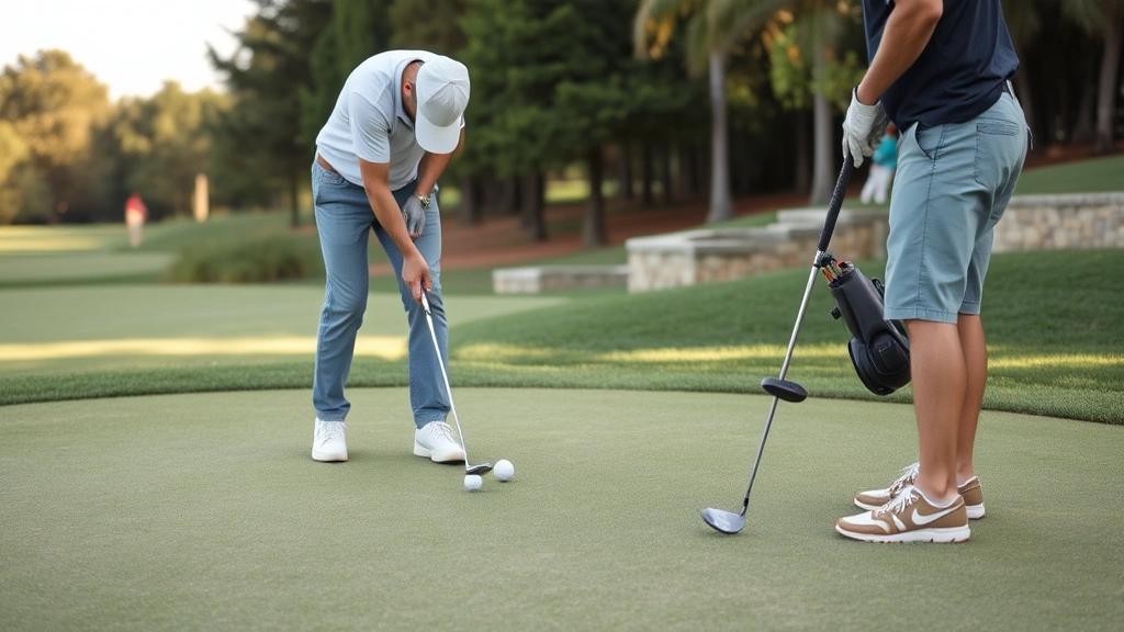 Beginner golfer practicing chip shots on practice green with multiple balls, focusing on short-game technique with instructor nearby observing form