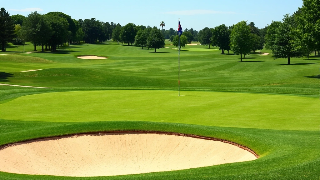 Manicured golf course green with sand bunker, rolling terrain, trees lining fairway, golfers in distance, pristine conditioning visible