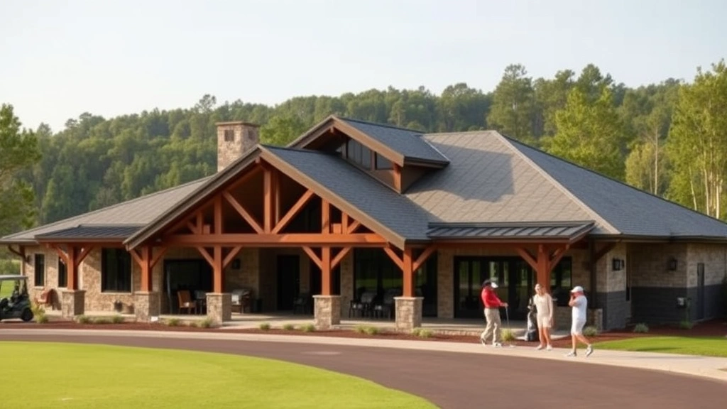 Golf course clubhouse exterior with modern architecture, practice range visible, golfers warming up, natural surroundings, professional grounds