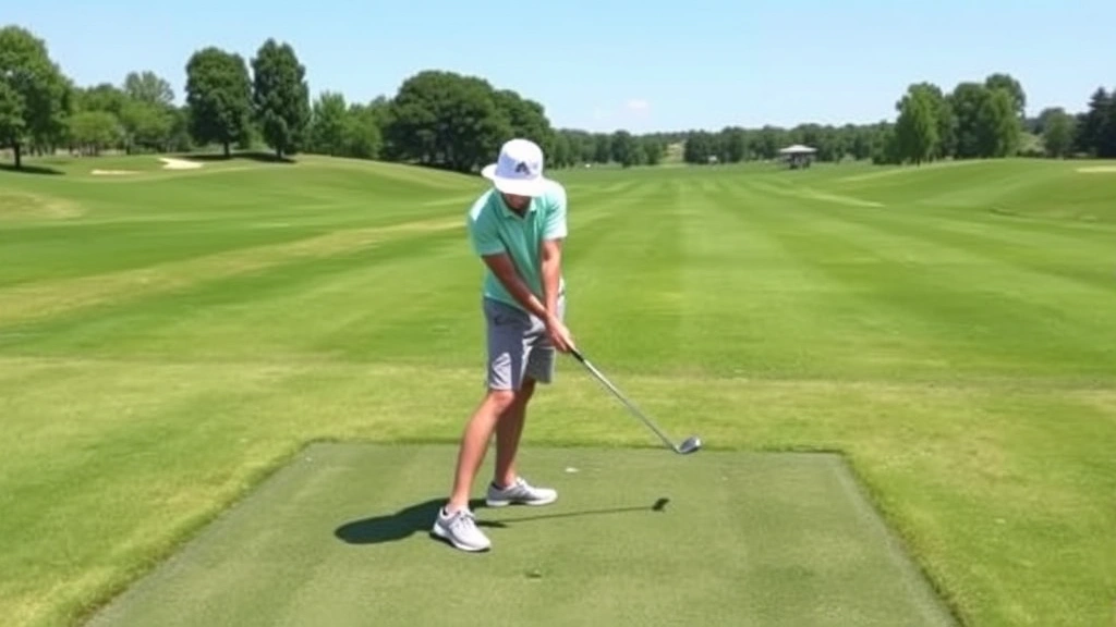 A beginner golfer in proper stance position on a practice range, demonstrating correct posture and alignment with golf club, wearing casual athletic attire on manicured green grass