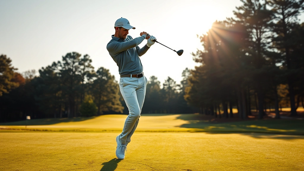 Professional golfer executing a smooth full swing on a championship golf course, focused expression, perfect form with balanced finish, morning sunlight creating shadows on manicured fairway
