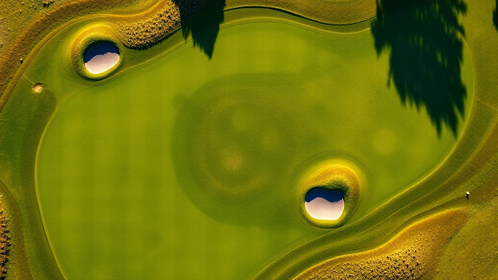 An overhead view of a golf course green with undulating slopes and bunkers visible, showing the natural landscape design and fairway layout in daylight