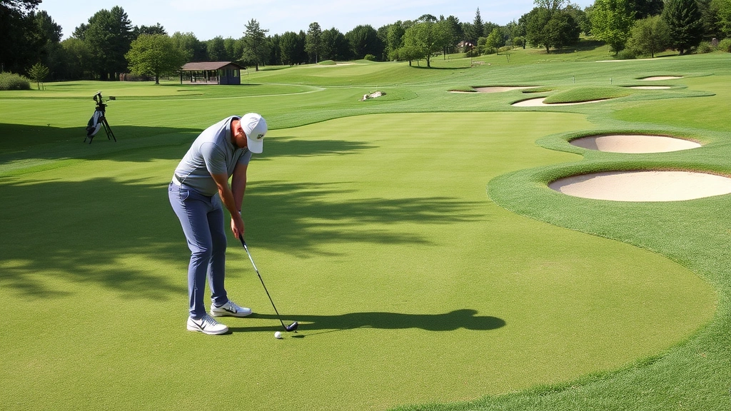 Golfer practicing short-game shots near putting green with varied slopes and breaks, concentrating on chip shot technique, lush green surroundings with practice facility equipment visible