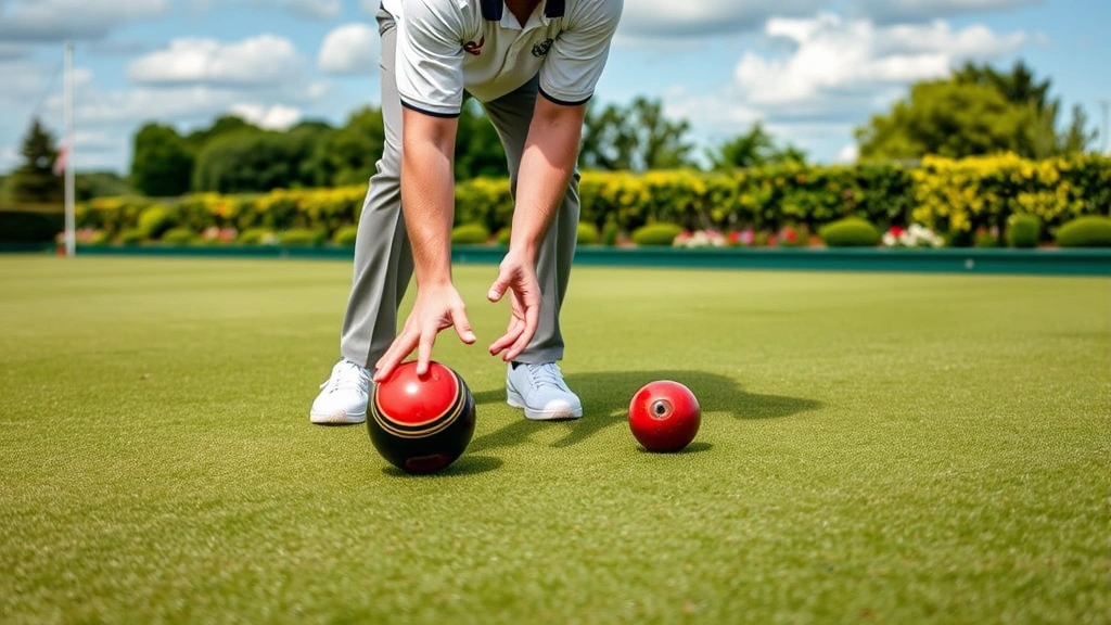 A lawn bowler in delivery position on a precision bowling green, showing the underhand release technique with bowls and jack visible on the grass surface