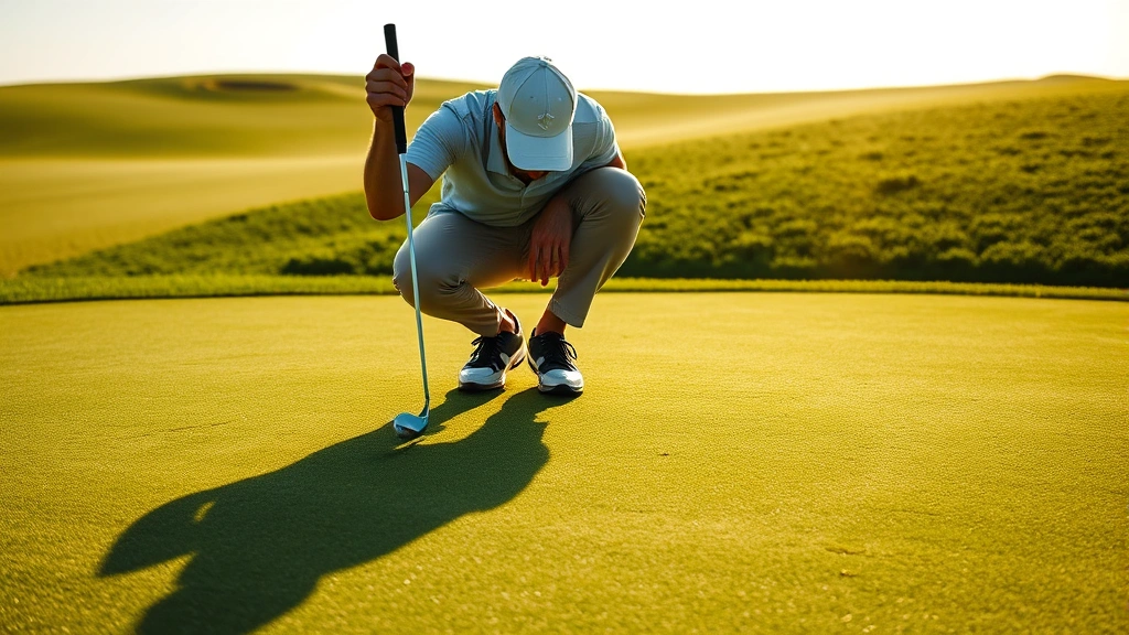 Golfer studying putt on tilted green with complex break patterns, analyzing line with intense focus, championship-quality turf conditions, natural lighting highlighting slope contours