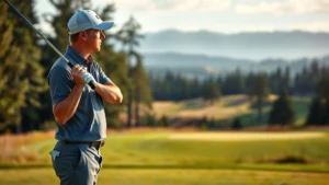 Professional golfer at address position on tee box, morning light, Pacific Northwest landscape background with trees and meadows visible, focused expression preparing for tee shot
