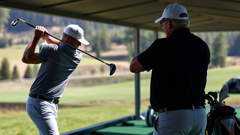 Professional golfer taking swing instruction from PGA instructor on practice range, focus on teaching technique and posture correction, natural lighting, Washington state landscape background