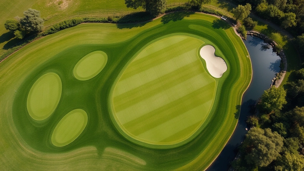 Aerial view of well-maintained golf course fairway with manicured greens, water features, and natural landscaping, showcasing turf management expertise and environmental design