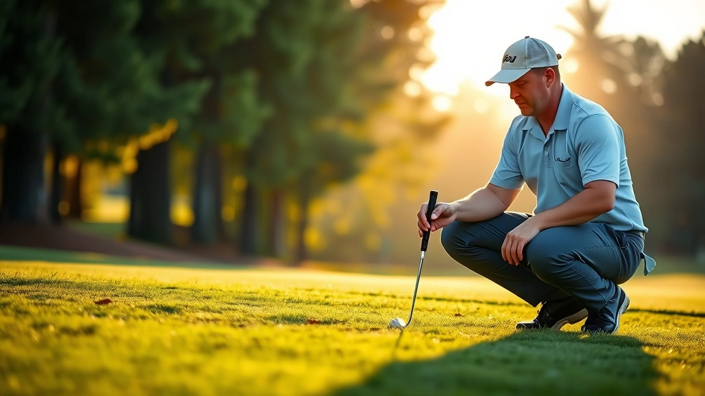 Golf course superintendent or maintenance team member inspecting turf quality, checking soil conditions, professional work environment, morning light on championship course