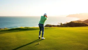 Golfer mid-swing on lush fairway with ocean coastline visible in distant background, morning sunlight, professional golfer demonstrating proper form, realistic photography