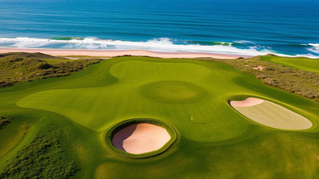 Aerial view of a pristine golf course fairway with ocean views in the distance, sandy bunkers visible, lush green grass, coastal landscape, bright sunny day, no text or signage