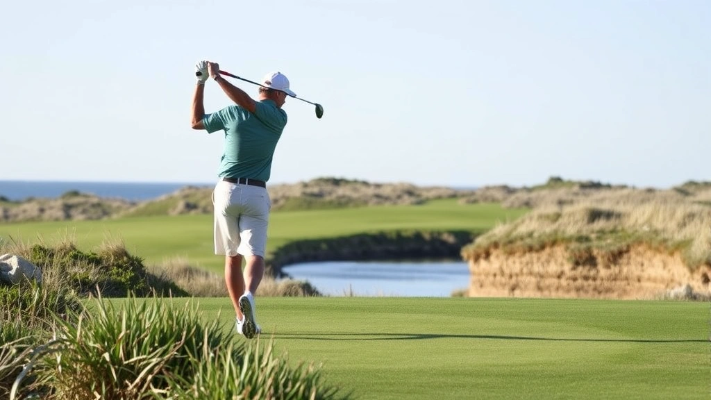 Golfer mid-swing on a beautiful Cape Cod-style course with natural dune vegetation and water hazard visible, action shot, professional golfer, scenic background, no course signage