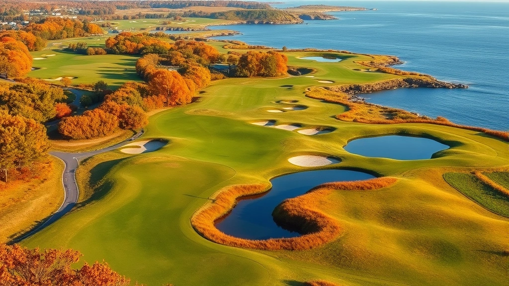 Golf course landscape showing multiple fairways, strategic water hazards, native vegetation, autumn foliage colors, scenic coastal New England terrain, realistic daylight conditions
