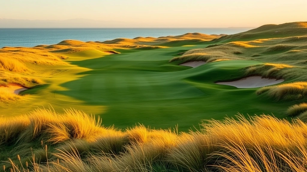 Wide landscape shot of a links-style golf hole with natural beach grass, strategic bunkers, rolling terrain, Atlantic coastal setting, golden hour lighting, serene atmosphere, no text
