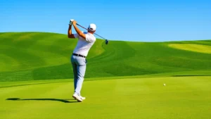Golfer mid-swing on well-maintained fairway with manicured grass and blue sky, demonstrating proper golf posture and form