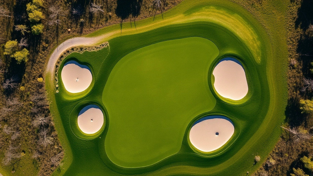 Aerial view of golf course hole with sand bunkers, green putting surface, and natural landscape features showing strategic course design
