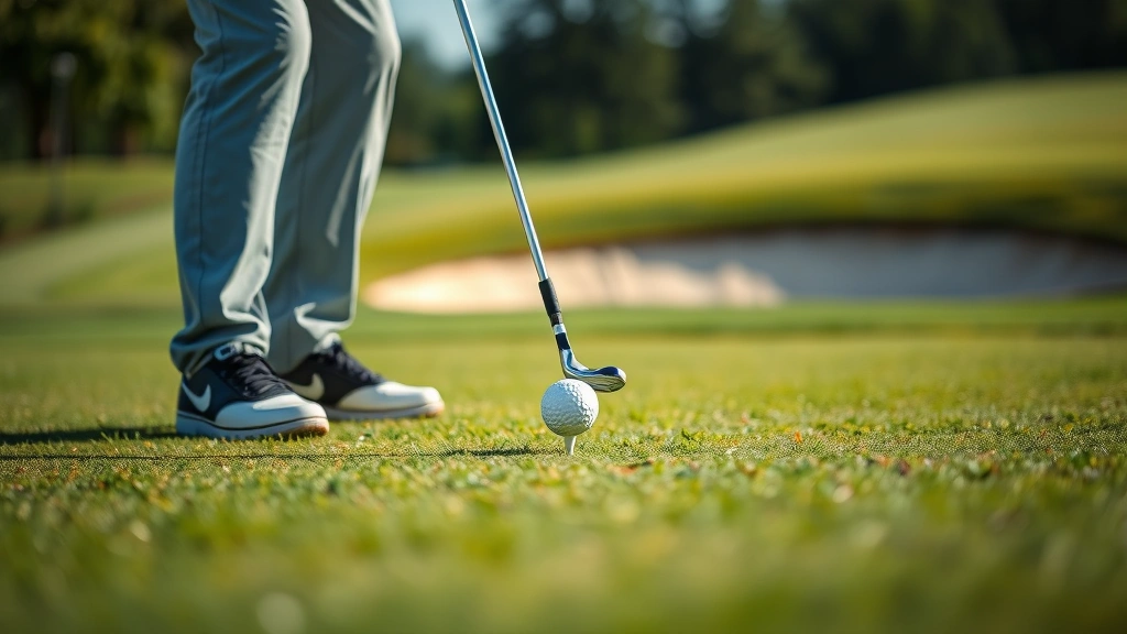 Close-up of golfer executing a chip shot from near the green with perfect form, manicured grass and bunker hazard visible, focused concentration, natural daylight