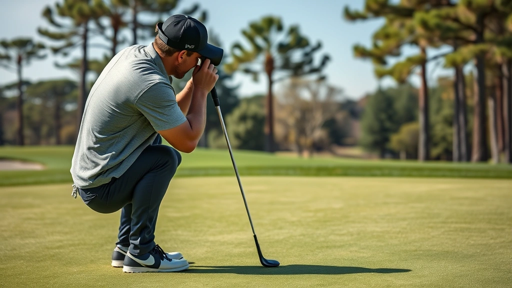 Golfer analyzing putting green with rangefinder, studying slope and break patterns before striking putt on pristine putting surface