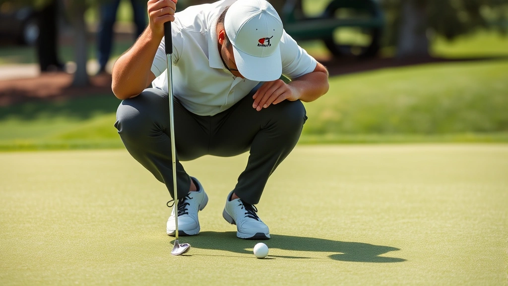 Golfer studying green and reading putt with careful analysis, bent over examining slope and grain, well-maintained putting surface, competitive golf moment