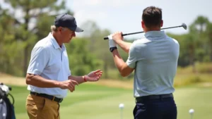 Professional golf instructor in polo shirt demonstrating proper golf swing technique to attentive student on practice range, with golf balls and target markers visible, natural outdoor setting with trees in background