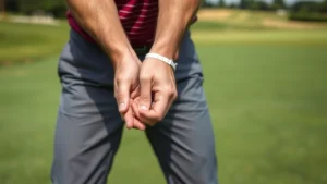 A golfer demonstrating proper grip and stance positioning on a practice range, hands clearly showing correct finger placement on club grip, neutral posture with relaxed shoulders, photorealistic outdoor golf setting