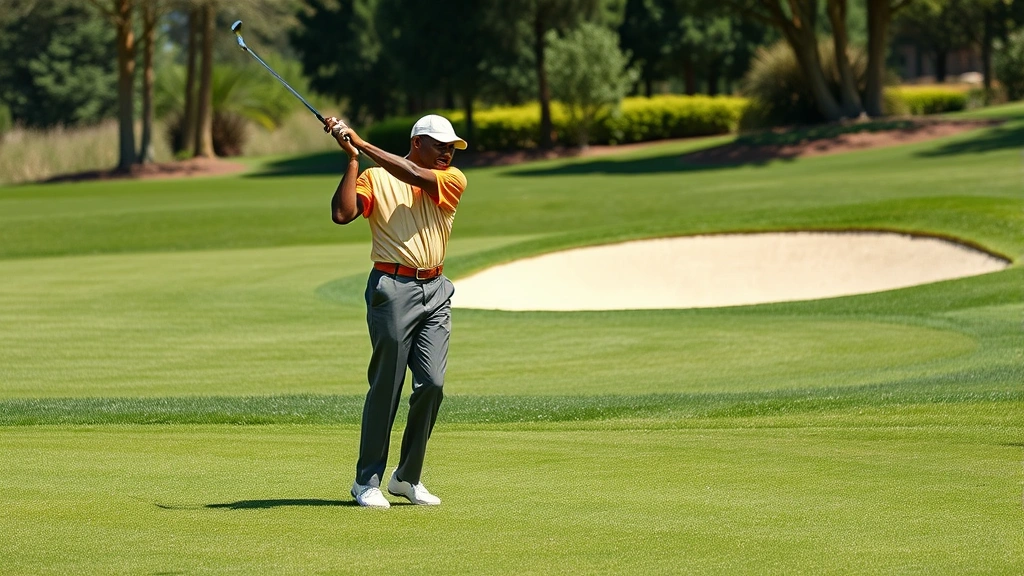 African American golfer in vintage 1960s attire mid-swing on lush green fairway with manicured bunkers, professional and focused expression, natural sunlight