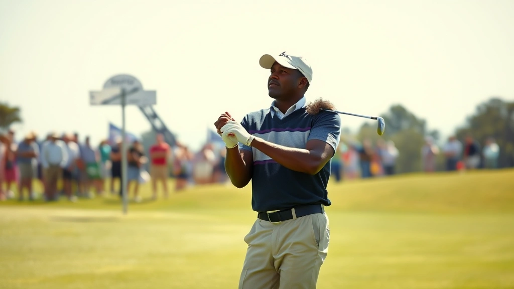 Mature African American male golfer mid-swing on pristine fairway, 1960s era golf attire, focused concentration, morning sunlight, spectators blurred background, professional golf setting