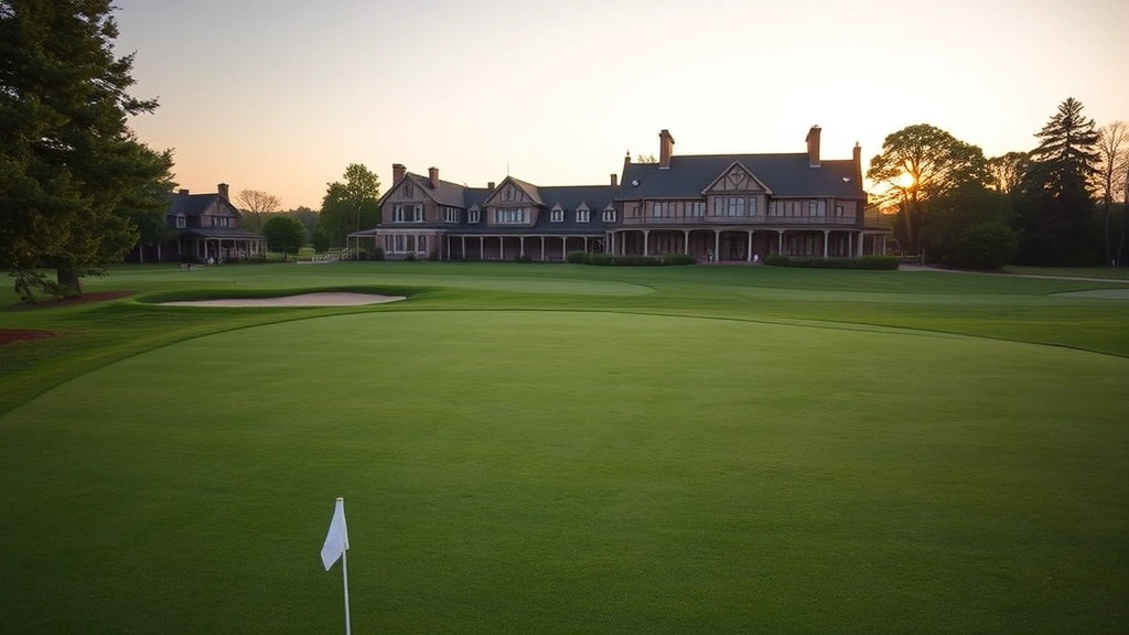 Historic country club golf course with perfectly maintained greens and traditional clubhouse in background, empty fairways at golden hour, architectural elegance