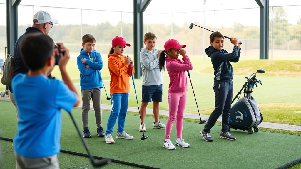 Diverse group of young golfers of various ethnicities practicing on driving range with instructor, modern golf facility, inclusive sports environment