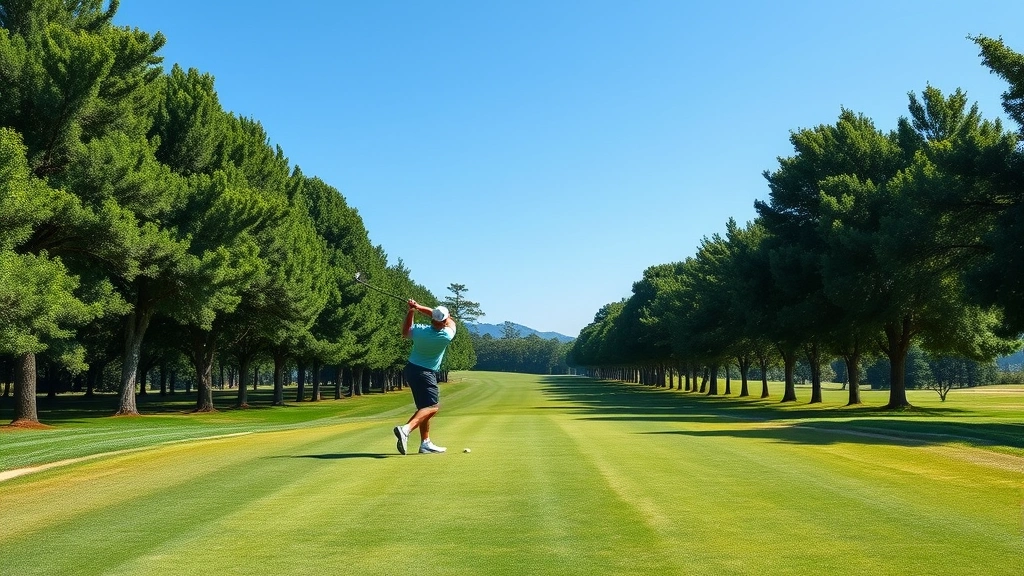 Golfer mid-swing on lush fairway with mature trees lining both sides, clear blue sky, professional golf course setting, photorealistic