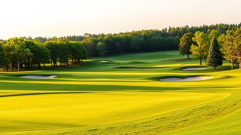 Scenic golf course landscape showing pristine fairway with strategic bunkers, trees lining the course, and well-maintained green in distance, golden hour lighting, no people or text