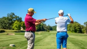 PGA professional instructor demonstrating proper golf swing mechanics to student golfer on driving range, showing correct posture and club position during mid-swing, outdoor sunny day