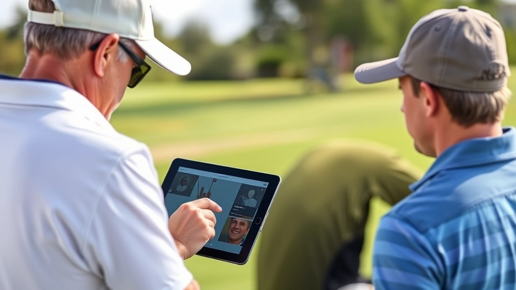 Professional golf coach analyzing swing mechanics using video playback on tablet while student golfer watches, outdoor practice facility, focused instruction moment with natural lighting