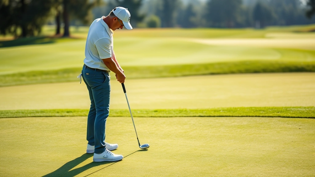 Golfer reading green and preparing to putt on undulating putting surface, showing concentration and course management strategy, natural lighting with well-maintained grass