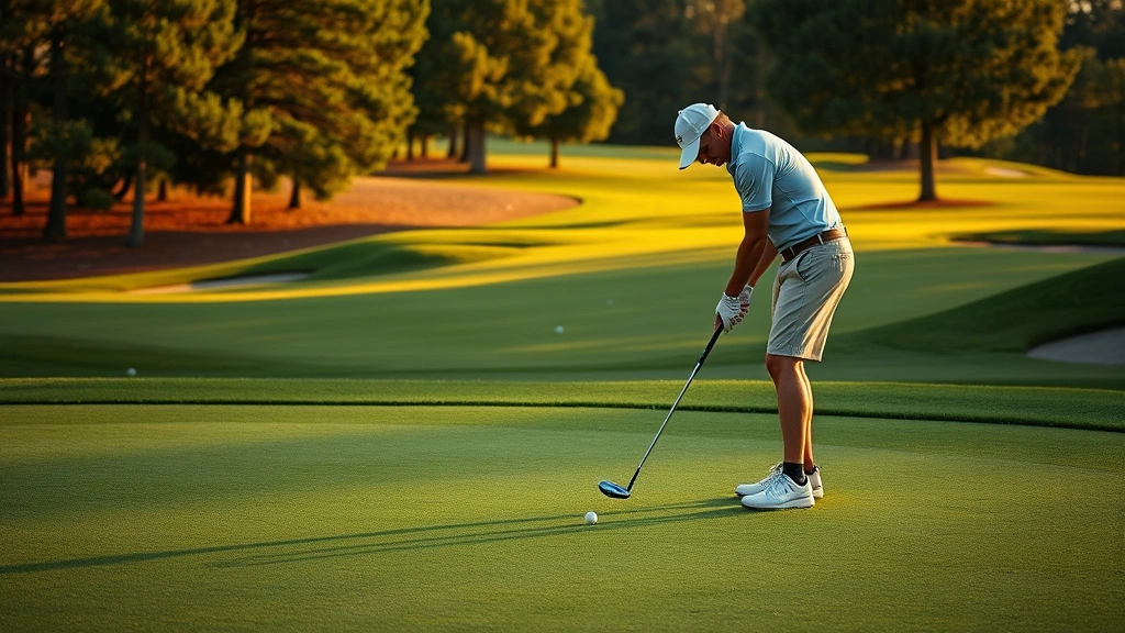 Golfer executing short game chip shot near green during practice, demonstrating precision and control, manicured practice area with multiple targets, afternoon golden hour lighting