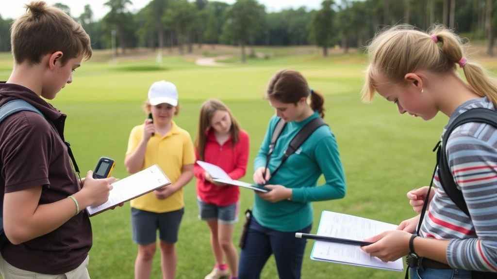Students or young people measuring distances on a golf course with GPS devices and clipboards, engaged in data collection and environmental observation activities