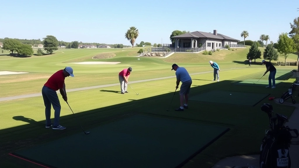 Golf course practice range with multiple golfers hitting balls, target greens visible, modern facility clubhouse in distance, sunny conditions
