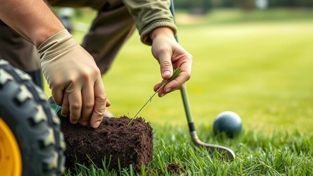 Close-up of golf course turf maintenance equipment and a professional groundskeeper examining soil or grass quality, demonstrating applied science and environmental stewardship