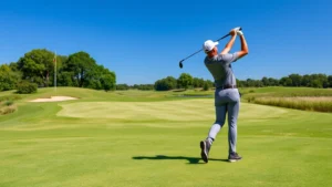 Professional golfer in mid-swing demonstrating proper form on a well-maintained fairway with green landscape and blue sky background