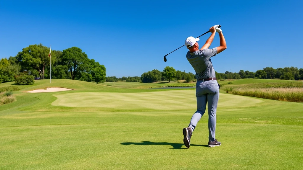 Professional golfer in mid-swing demonstrating proper form on a well-maintained fairway with green landscape and blue sky background