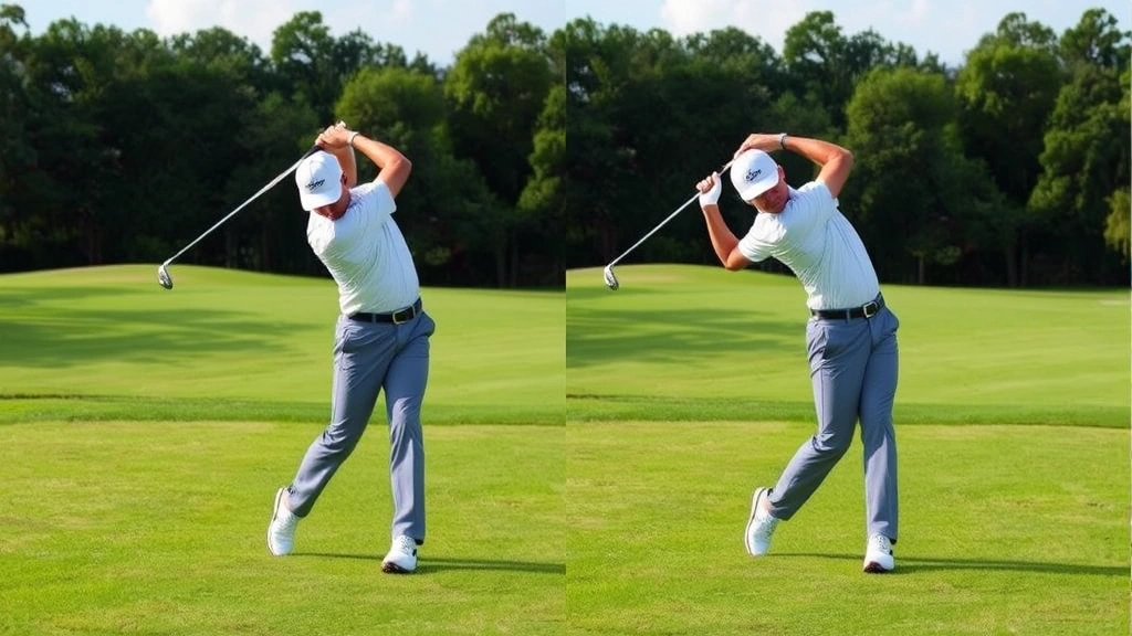 Golfer executing full swing at Cloverleaf course with perfect form, mid-swing sequence showing proper weight transfer and body rotation, manicured fairway background, athletic motion