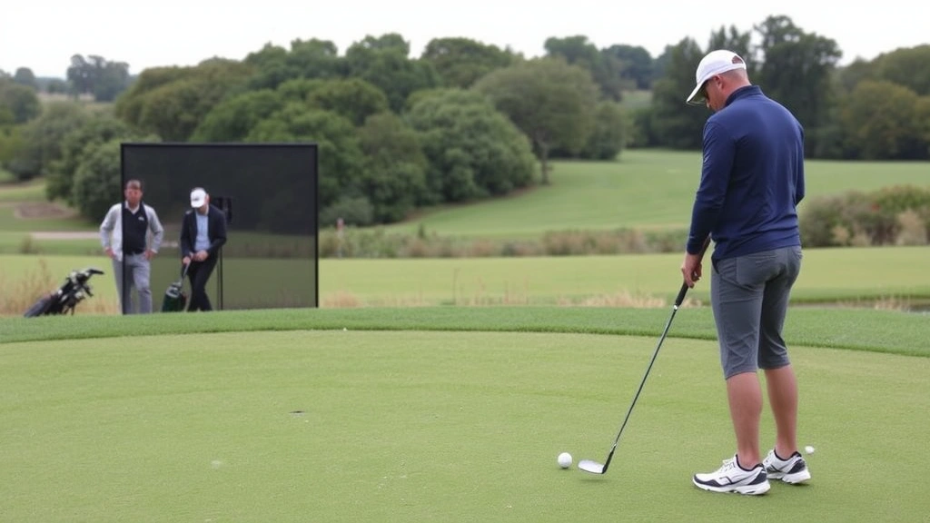 Practice facilities at golf course with golfer working on short game near practice green, chipping balls from various distances, coaching guidance visible, concentration and focus evident