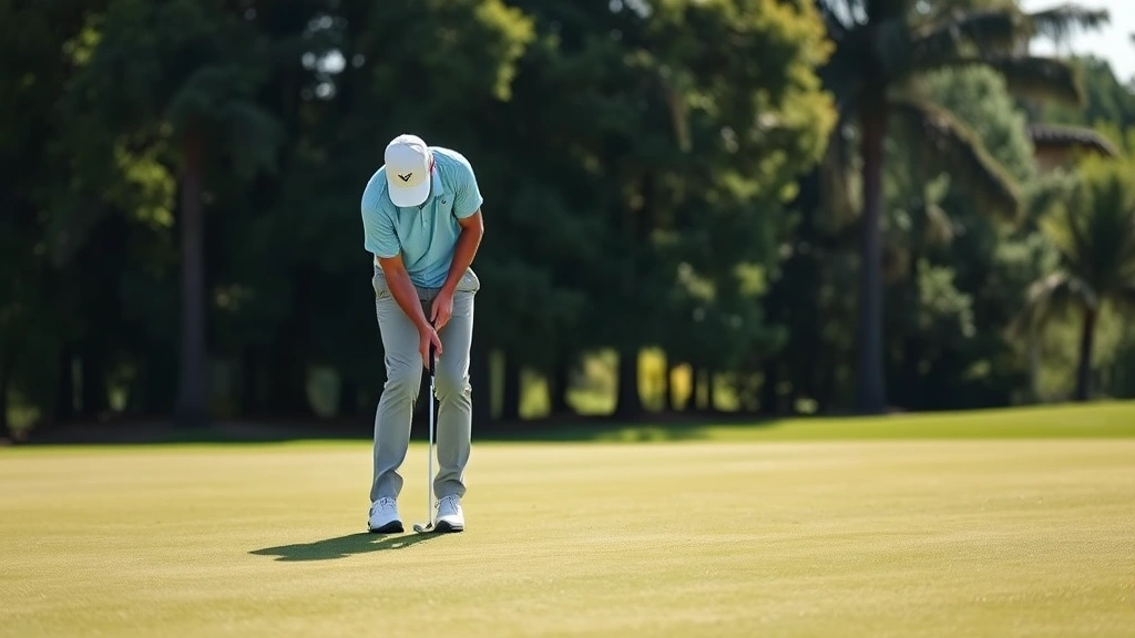 Golfer practicing short game on putting green with focused concentration, showing mental preparation and skill refinement