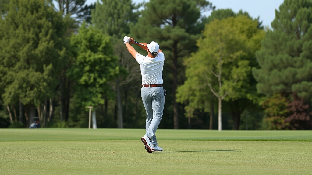 Professional golfer mid-swing demonstrating proper form and balance on a well-maintained fairway with trees in background