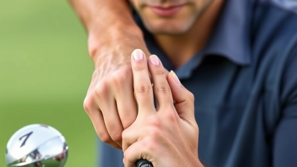 Professional golfer demonstrating proper grip position on golf club, hands close-up showing finger placement and alignment